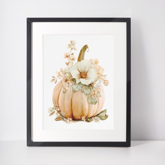 Watercolor Pumpkin with Flowers Wall Art Print Unframed - Cozy Autumn Elegance - Picture 3 of 7